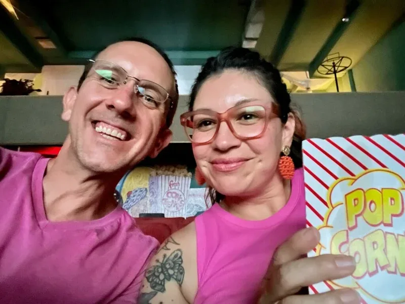 Heath and Sarah at the El Cortez Theater in Truth or Consequences where they watched their first movie in public since 2020. (Photo by Heath Haussamen)